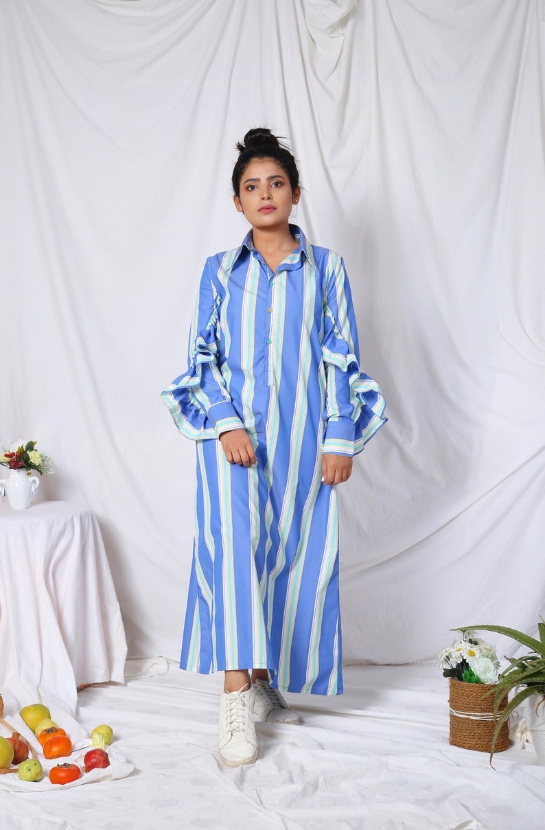 Blue Cotton Striped Shirt Dress/Loose Shirt Dress /Long Ruffled Sleeve Shirt /Casual Cotton Shirt Dress image 2