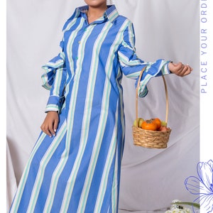 Blue Cotton Striped Shirt Dress/Loose Shirt Dress /Long Ruffled Sleeve Shirt /Casual Cotton Shirt Dress image 3