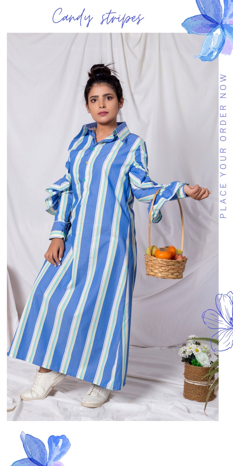 Blue Cotton Striped Shirt Dress/Loose Shirt Dress /Long Ruffled Sleeve Shirt /Casual Cotton Shirt Dress image 3