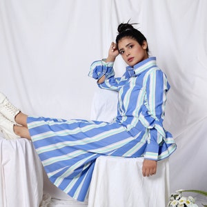 Blue Cotton Striped Shirt Dress/Loose Shirt Dress /Long Ruffled Sleeve Shirt /Casual Cotton Shirt Dress image 6