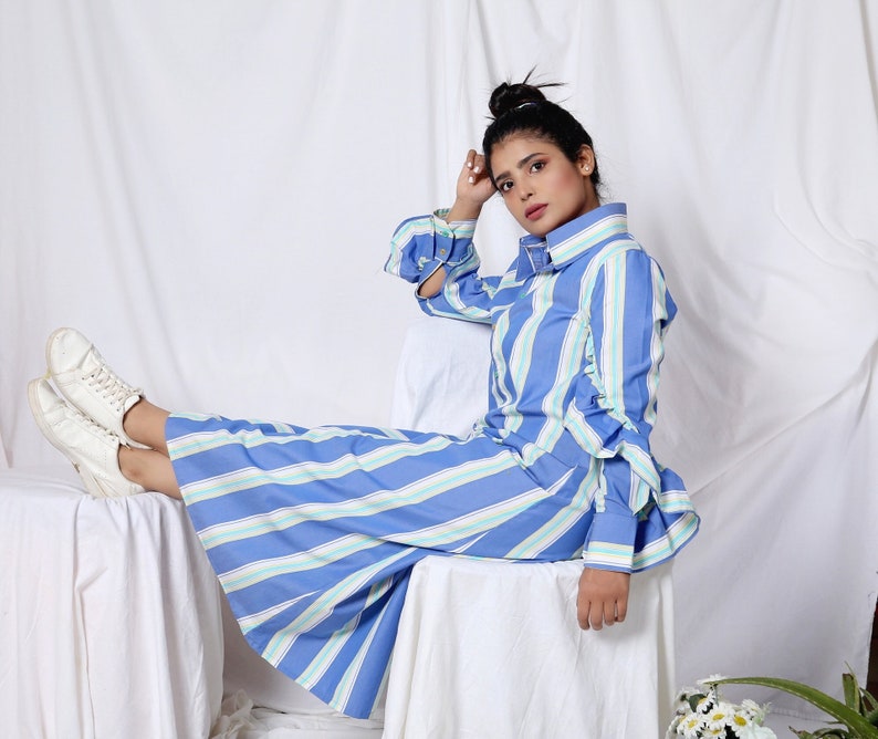 Blue Cotton Striped Shirt Dress/Loose Shirt Dress /Long Ruffled Sleeve Shirt /Casual Cotton Shirt Dress image 6