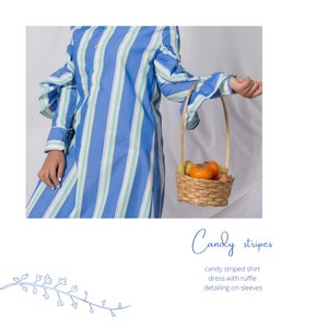 Blue Cotton Striped Shirt Dress/Loose Shirt Dress /Long Ruffled Sleeve Shirt /Casual Cotton Shirt Dress image 5