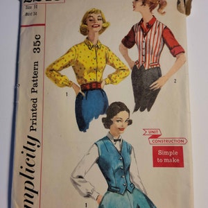 May include: Vintage Simplicity sewing pattern number 2240 for a blouse with a vest. The pattern is for size 14, bust 34, and costs 35 cents. The pattern shows three different styles of blouses, one with a yellow and white print, one with a red and white striped vest, and one with a blue vest.