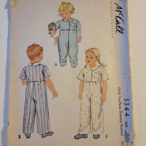 Vintage McCall’s 5344  Vintage 40s Child’s Two-Piece Sleeping Pajamas Size 6