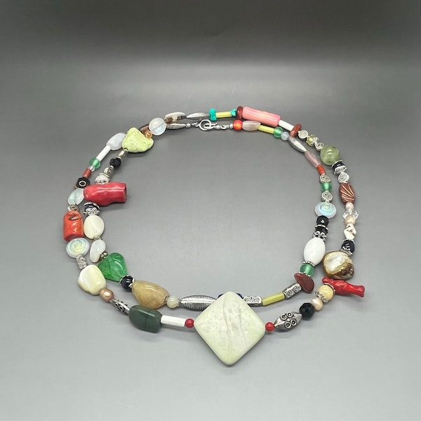 Mixed Media Beaded Necklace • Agate + Pearl + Coral + Multi Gemstone Bead Necklace • Southwestern BoHo Style Necklace • Mixed Media Necklace
