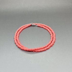 Thin 4mm Pink Coral Seed Bead Layering Beaded Necklace • Unisex Czech Glass Jewelry