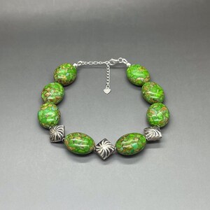 Turquoise Bracelet • 19mm Green Gemstone and Sterling Silver Bali Bead Adjustable Bracelet • 925 Sterling Silver