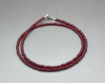 Thin 3mm Silver Lined Garnet Seed Bead Necklace • Unisex Czech Glass Jewelry