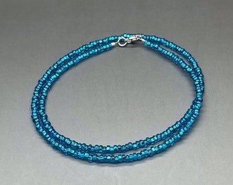 Transparent Aqua Blue Seed Bead Necklace • Thin 3mm Single Strand • Made to Order
