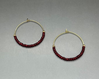 Garnet Red Seed Bead Earrings • Handmade 3mm Transparent Red Glass Bead Earrings • Hoop Earrings • Minimalist Earrings • Made to Order