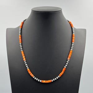 Genuine 5mm Orange Spiny Oyster + Navajo Pearls Beaded Gemstone Necklace with 925 Sterling Silver Accents • Unisex Southwestern Jewelry