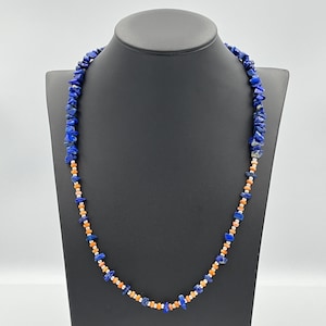 Genuine 9mm Blue Lapis lazuli + Orange Spiny Oyster Beaded Gemstone Necklace with 925 Sterling Silver Accents • Unisex Southwestern Jewelry