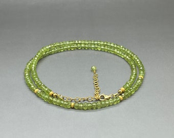 AAA + Peridot Perlenhalskette • 4 mm Mikro facettierte Grün Peridot Edelstein Perlenkette • Peridot Halskette • Gold Vermeil