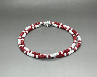 Thin 4mm Red and White Seed Bead Summer Necklace • Unisex Beach Vibe Jewelry