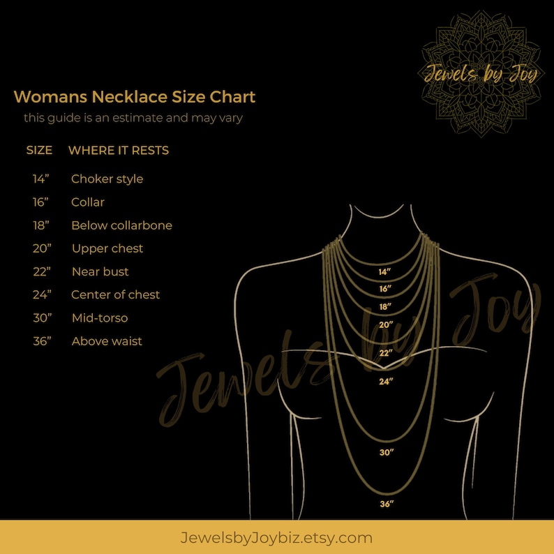 May include: A chart showing where different necklace lengths rest on the body. The chart shows lengths from 14 inches to 36 inches, with corresponding descriptions like "Choker style", "Collar", "Below collarbone", "Upper chest", "Near bust", "Center of chest", "Mid-torso", and "Above waist".