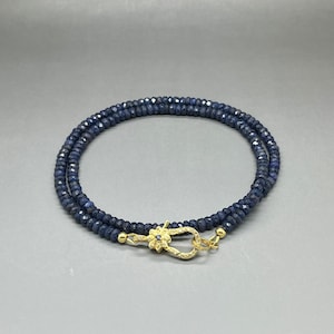 AAA+ Sapphire Necklace • 4.5mm Dark Blue Sapphire Faceted Rondelle Gemstone Bead Necklace with Gold Vermeil Pave Diamond Clasp