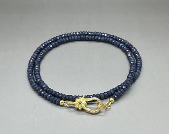 AAA+ Saphir-Halskette • Facettierte Rondelle 4.5 mm Edelstein-Halskette mit Gold Vermeil Pave Diamant Verschluss