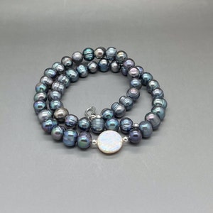 Genuine 10mm Peacock Freshwater Pearl Beaded Gemstone Statement Necklace with Sterling Silver Accents • Unisex Pearl Jewelry