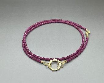 AAA Ruby Beaded Necklace: 3mm Faceted Kashmiri Gemstone, Gold Vermeil
