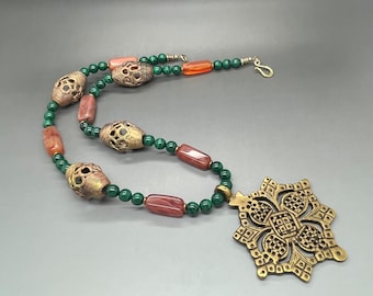 Malachite Beaded Necklace: Carnelian, Vintage Brass Mandala Pendant