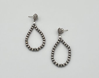 Genuine 3mm Sterling Silver Navajo Pearls Teardrop Dangle Concho Earrings with Sterling Silver Accents • Southwestern Jewelry