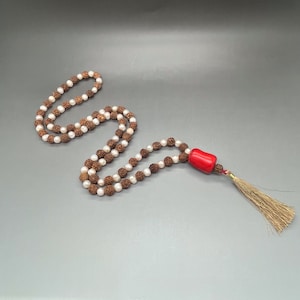Genuine 8mm Rudraksha, Freshwater Pearl and Coral 108 Prayer Beads Hindu Japa Mala • Unisex Meditation Jewelry