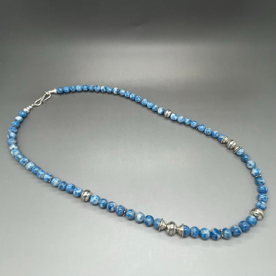 Lapis Beaded Necklace 8mm Blue Denim Lapis Bench Made 925 Sterling