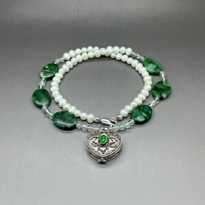 Jaspis Perlenkette • 6 mm Einzelstrang Dunkelgrüner Jaspis + Fluorit + Süßwasserperle Edelstein Perlenkette • 925 Sterling Silber