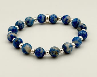 Genuine 8mm Blue Denim Lapis Beaded Bracelet with Sterling Silver Accents, Unisex Southwestern Jewelry