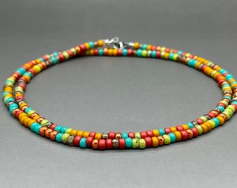 Thin 3mm Multi Color Seed Bead Necklace • Unisex Glass Jewelry • Southwestern Style