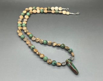 African Turquoise & Jasper Necklace: Sterling Silver, 22 Inch