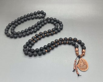 GROUNDING + NEW BEGINNINGS • Volcanic Lava Mala Necklace with Copper Ganesha & Shiva Amulet • 108 Prayer Beads • Meditation Jewelry