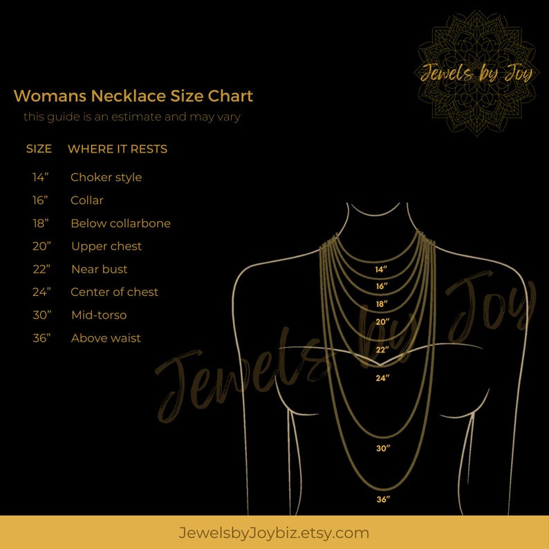 May include: A chart showing where different necklace lengths rest on the body. The chart shows lengths from 14 inches to 36 inches, with corresponding descriptions like "Choker style", "Collar", "Below collarbone", "Upper chest", "Near bust", "Center of chest", "Mid-torso", and "Above waist".
