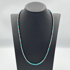 Genuine 4mm Navajo Pearls + Blue Arizona Kingman Turquoise Beaded Necklace with Sterling Silver Accents • Unisex Southwestern