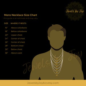 May include: A size chart for men's necklaces, showing where different lengths will rest on the body. The chart includes measurements from 16 inches to 36 inches. The image shows a man's silhouette with lines representing the different necklace lengths.