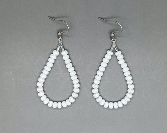 White Seed Bead Earrings • Thin 4mm Teardrop Earrings • Made to Order