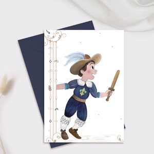 Carte "Petit Mousquetaire" personnalisée - Invitation ou Carte postale + enveloppe - Illustration personnage pour enfant, bleu marine