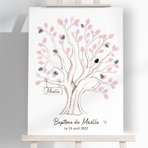 Arbre à empreintes personnalisé | Affiche ou Tableau (toile d'art) sur chassis | Baptême, anniversaire, baby shower fille gamme "Arabesque"