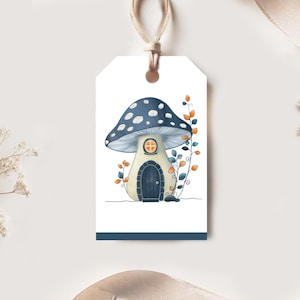 Lot : Etiquette champigon féérique | Etiquette perforée illustrée d'une maison champignon  Blanc et bleu | Inscriptible