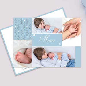 Carte remerciement baptême personnalisée avec photos | Carte merci "Envol de Tendresse" bleu tendre et feuillage