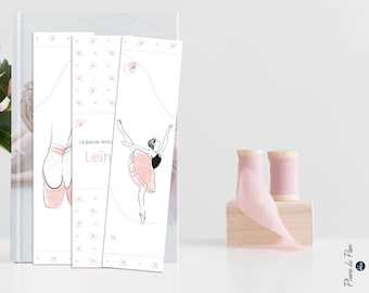 Personalized bookmark "Arabesque Dancer" with first name - Illustrated book bookmark: dancer, slipper, patterns, pink - Girl gift