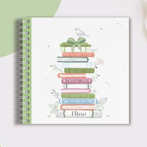 Cuaderno de agradecimiento para el profesor ilustrado con una "Pila de libros de primavera" | Cuaderno o bloc de notas | Regalo para maestro, amo, niñera, atsem