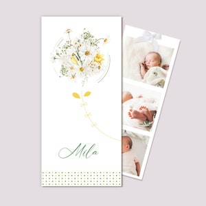 Faire-part Naissance personnalisé "Bouquet de Marguerites" - Faire-part bébé fille, carte double + photomaton - Fleurs blanches & jaunes