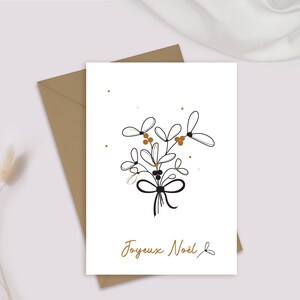 Carte de Noël dorée | Illustration "Éclats de Gui" porte bonheur | Carte personnalisable message ou prénom
