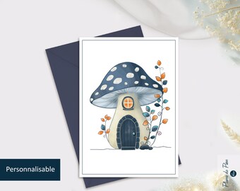Carte "Champignon féérique" | Carte postale celeste personnalisable + enveloppe | Illustration féérique, maison champignon, bleu, féérie.