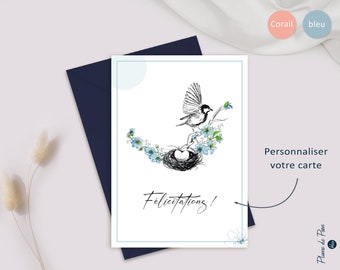 Carte postale personnalisée, illustration nid d'oiseau aquarelle - Carte postale envol d'oiseau - Carte félicitation - Carte oiseau et coeur
