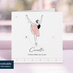 Invitation anniversaire fille, ou invitation de gala, illustrée d'une danseuse "Arabesque" | Rose & blanc