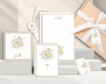 Coffret de papier à lettres personnalisé "Bouquet de Marguerites" - Ensemble de papeterie harmonieuse - Cadeau original