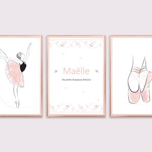 Affiche danseuse, danse personnalisée aquarelle | Illustration seule ou en Triptyque | Déco chambre de bébé ou d'enfant fille "Arabesque"