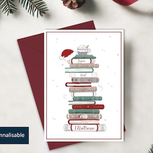 Frohe Weihnachtskarte Herrin, Meister | Aquarellkarte illustriert mit einem anpassbaren „Bücherstapel“ | Originalillustration